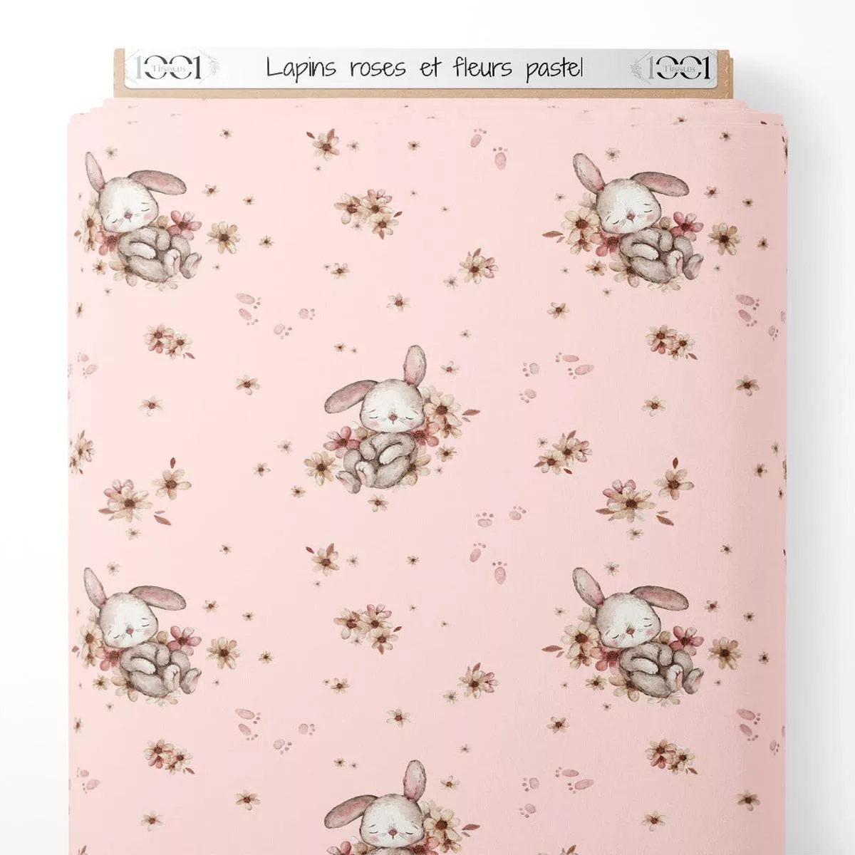 tissu-lapins-roses-et-fleurs-pastel Tissu – Lapins roses et fleurs pastel
