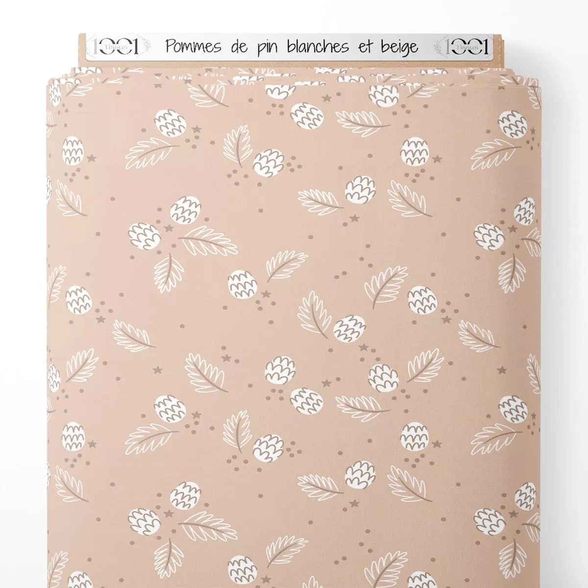 tissu-pommes-de-pin-blanches-et-beige Tissu – Pommes de pin blanches et beige