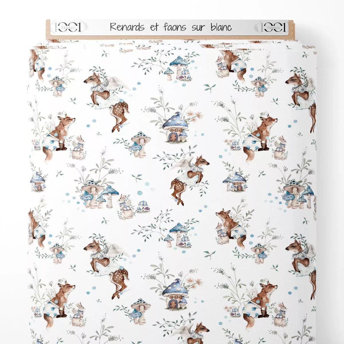 Tissu – Renards et faons sur blanc