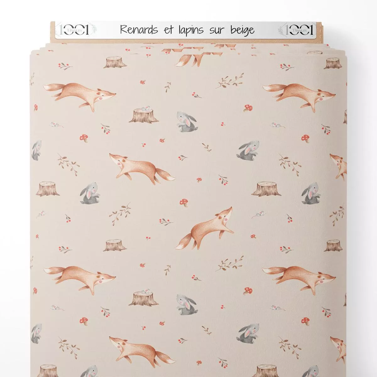 Tissu – Renards et lapins sur beige