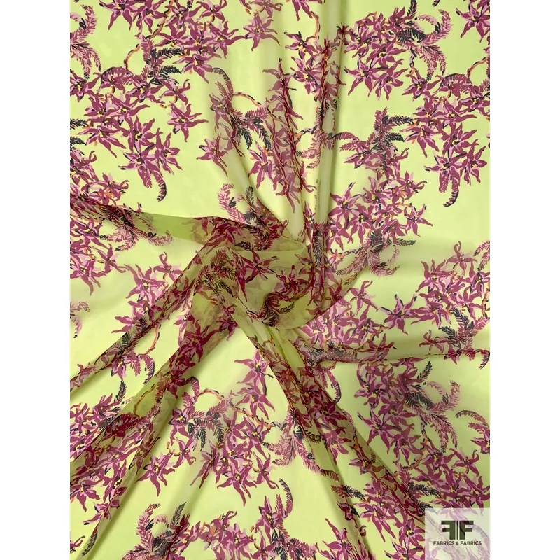 Trailing Orchid Printed Silk Chiffon – Chartreuse Yellow / Magenta