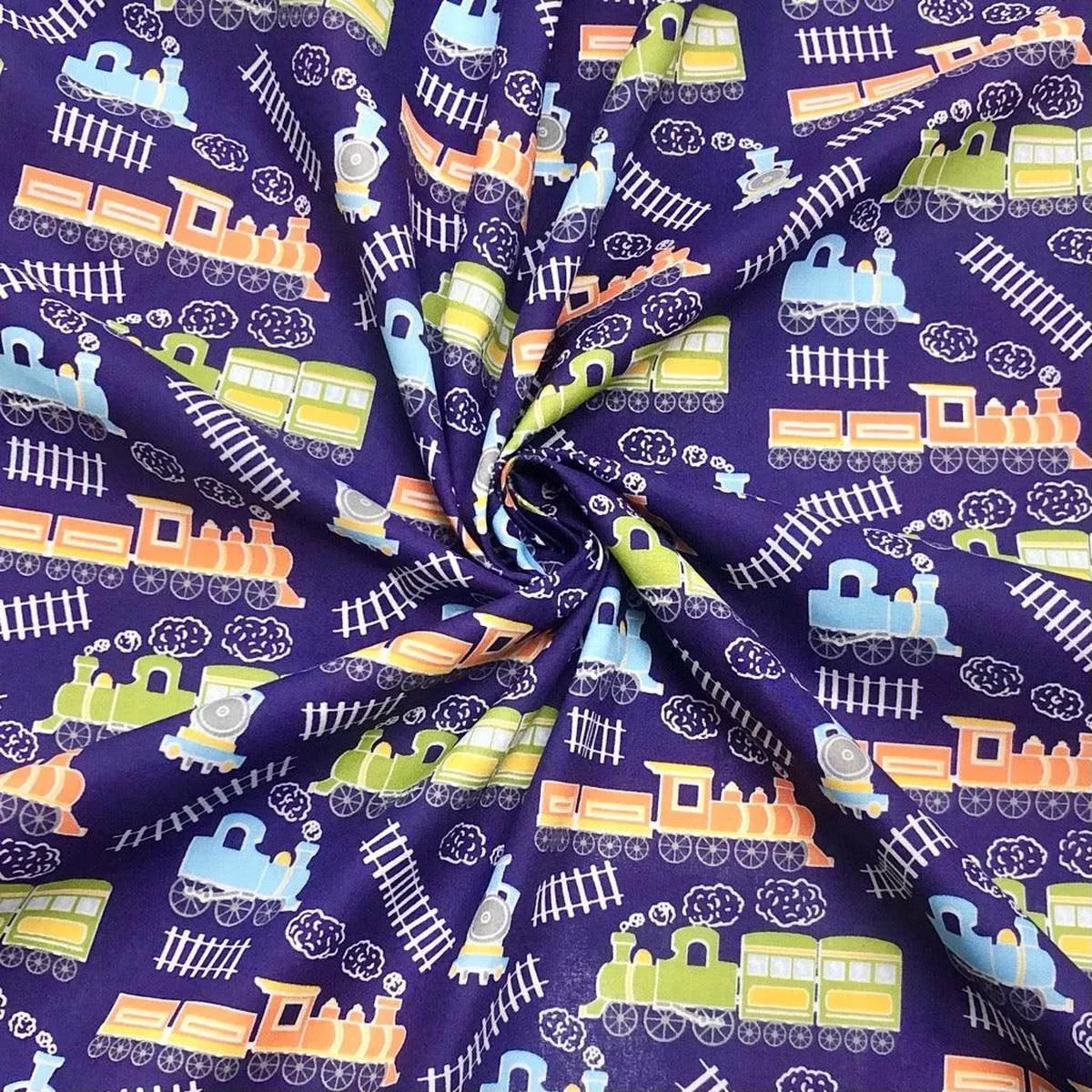 Trains on Navy Polycotton Fabric