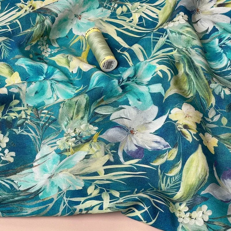 turquoise-tropical-florals-viscose-fabric Turquoise Tropical Florals Viscose Fabric