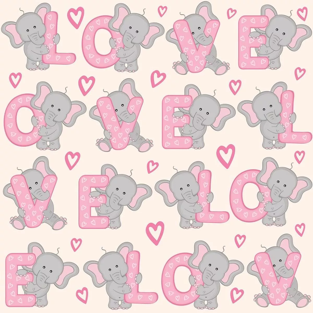 Valentine Elephants Alphabets Fabric – Tan