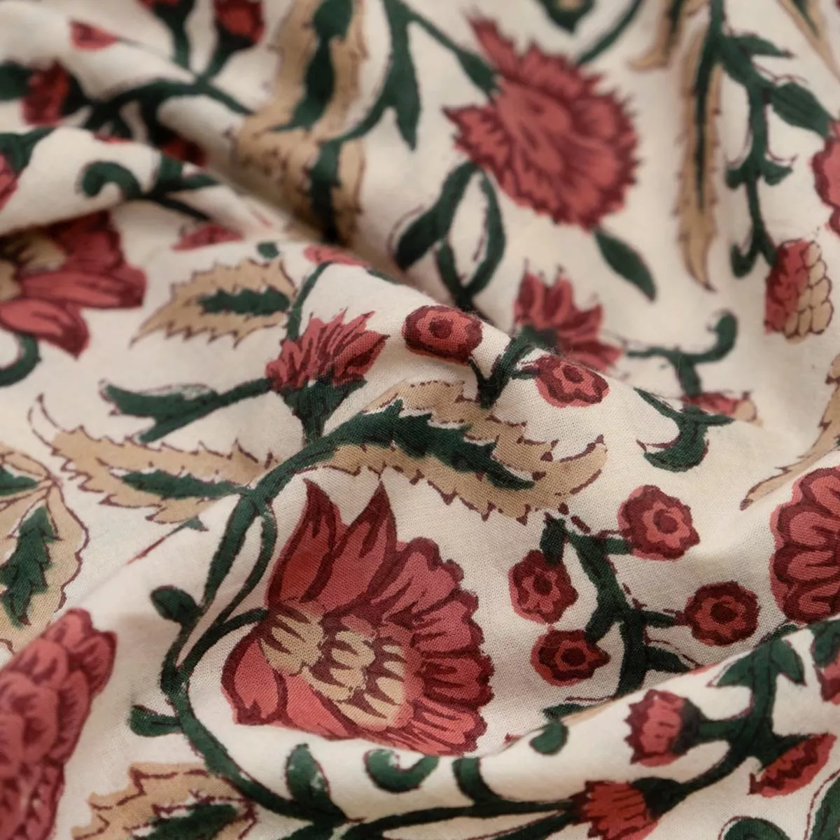 Vine Block Printed Organic Cotton Batiste – Bone/Garnet/Forest