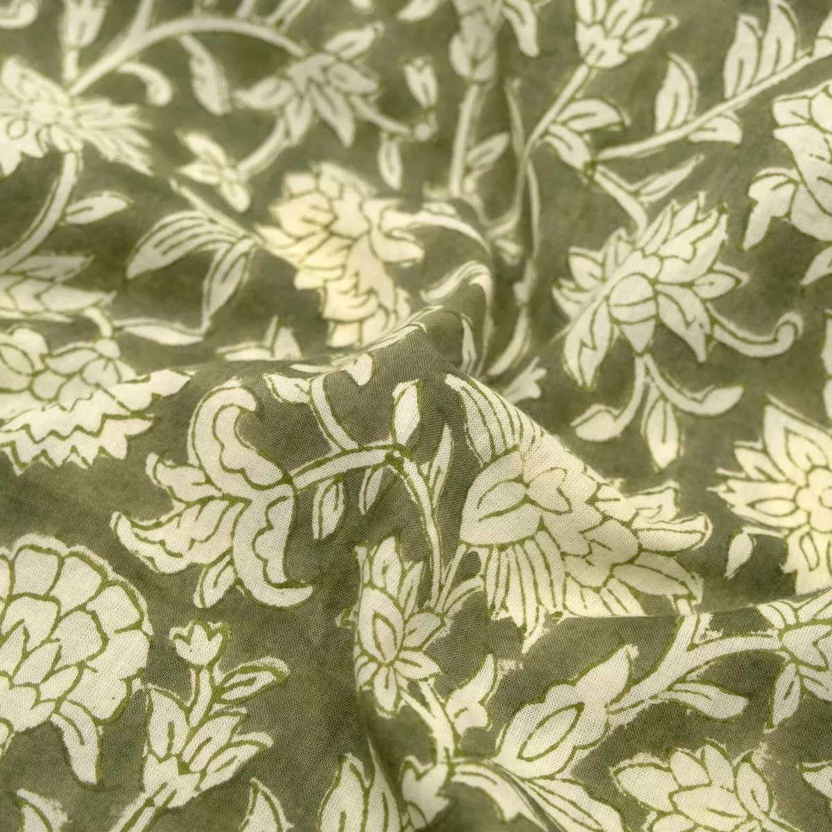 Vine Block Printed Organic Cotton Batiste – Thyme/Ivory