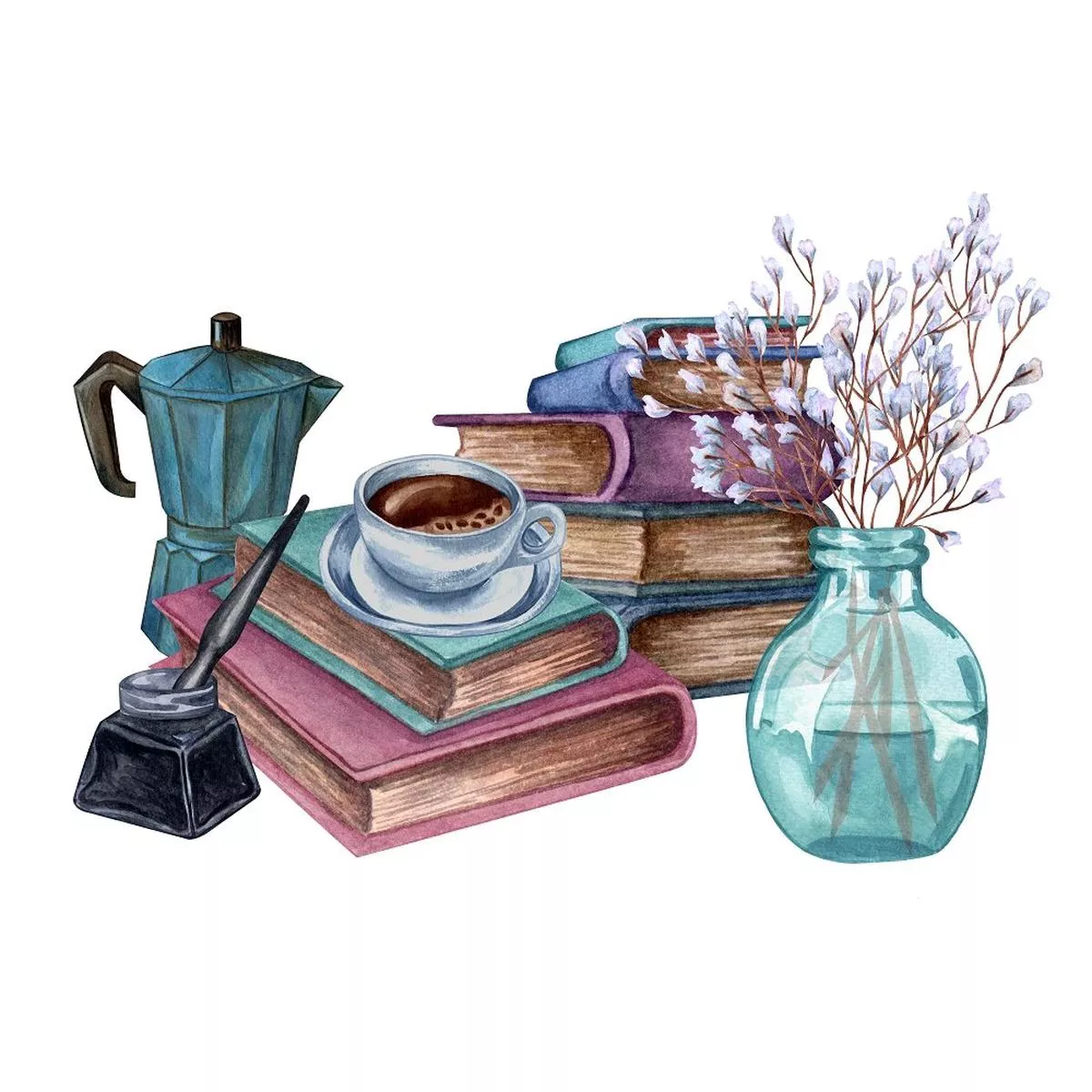 Vintage Books and Coffee Set Fabric Panel