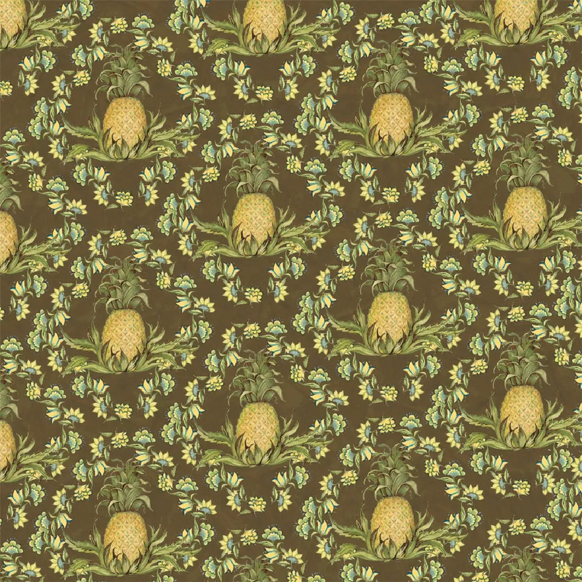 vintage-pineapple-floral-on-brown-fabric Vintage Pineapple Floral on Brown Fabric