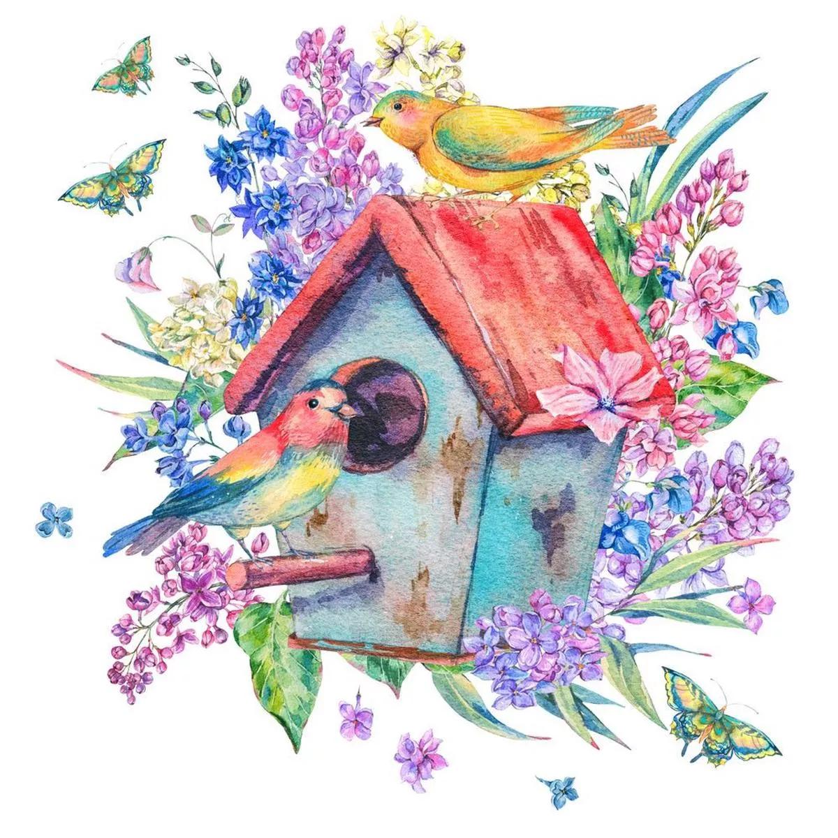 watercolor-birdhouse-scene-fabric-panel Watercolor Birdhouse Scene Fabric Panel
