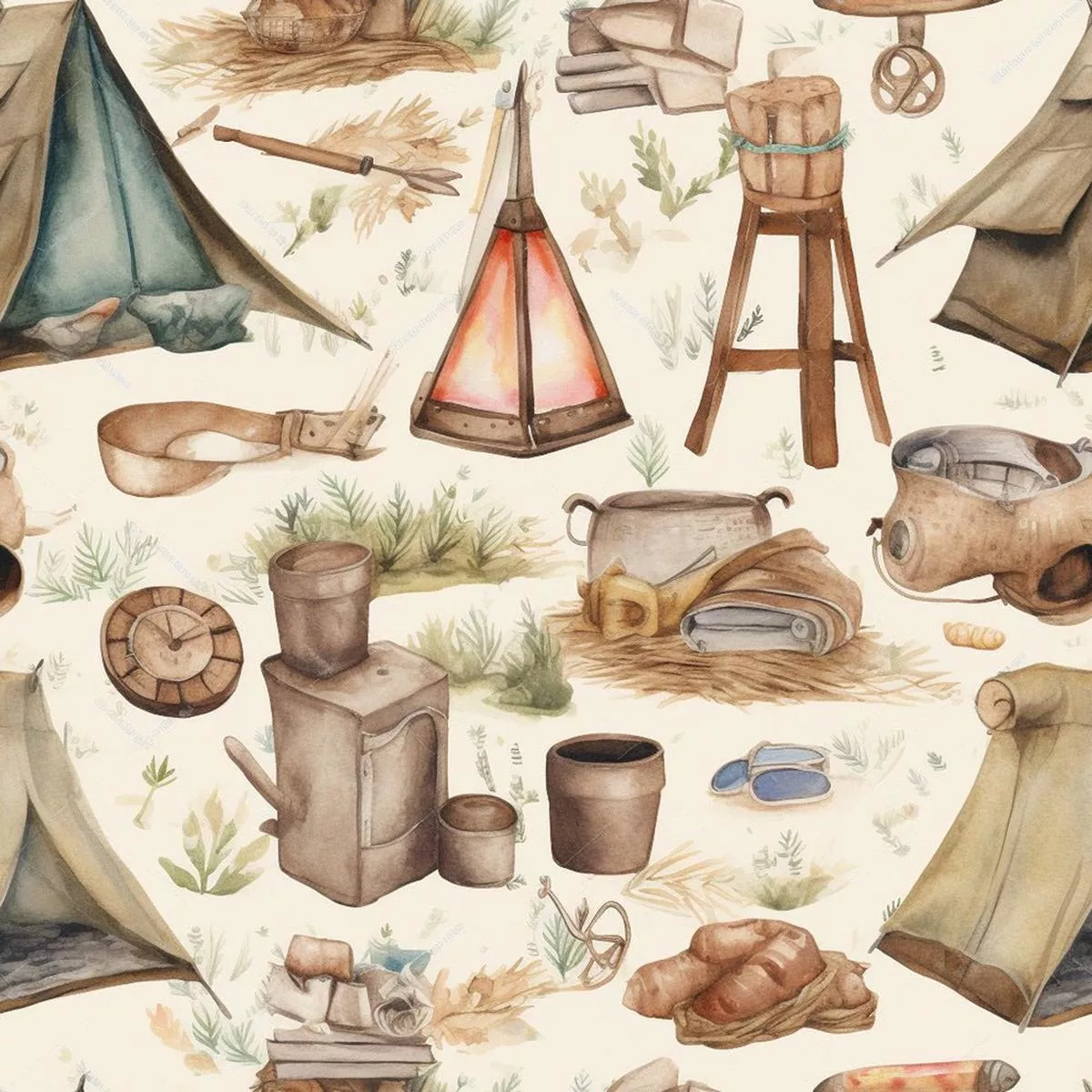 watercolor-camping-pattern-5-fabric Watercolor Camping Pattern 5 Fabric