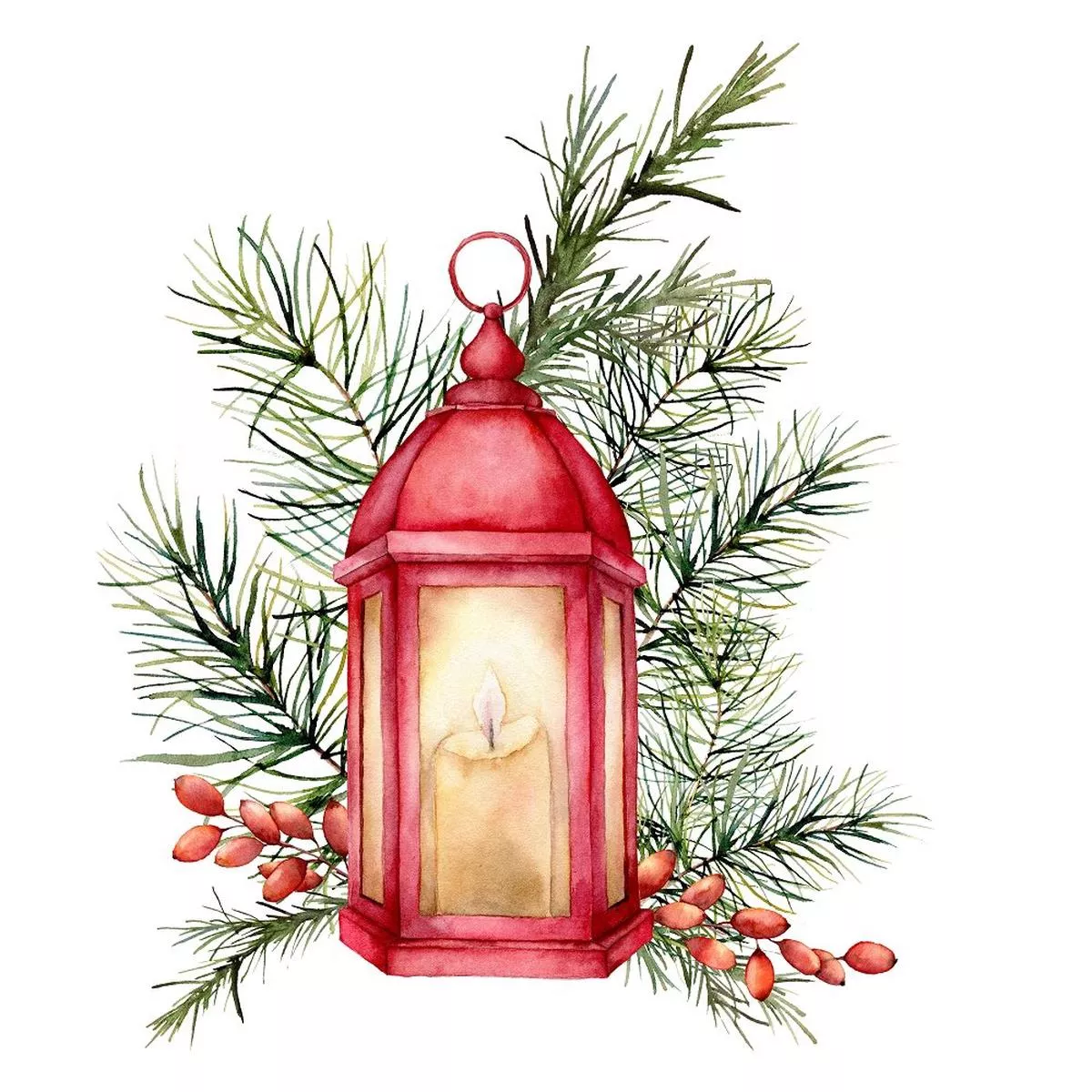 Watercolor Christmas Lantern Fabric Panel – Multi