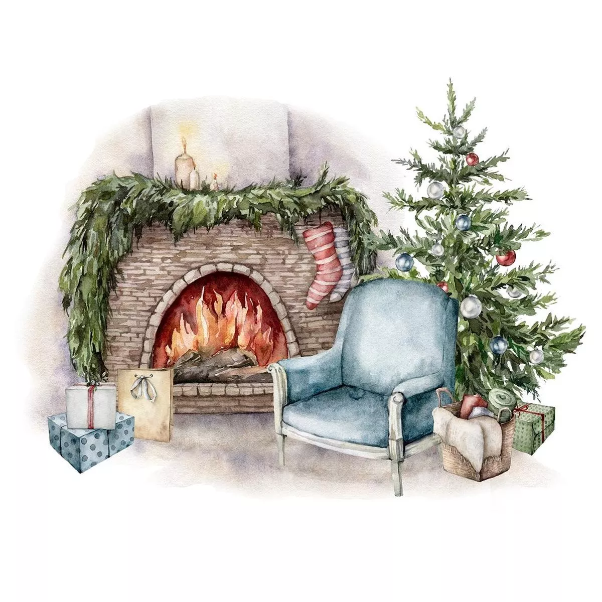 watercolor-fireplace-tree-fabric-panel-multi Watercolor Fireplace & Tree Fabric Panel – Multi