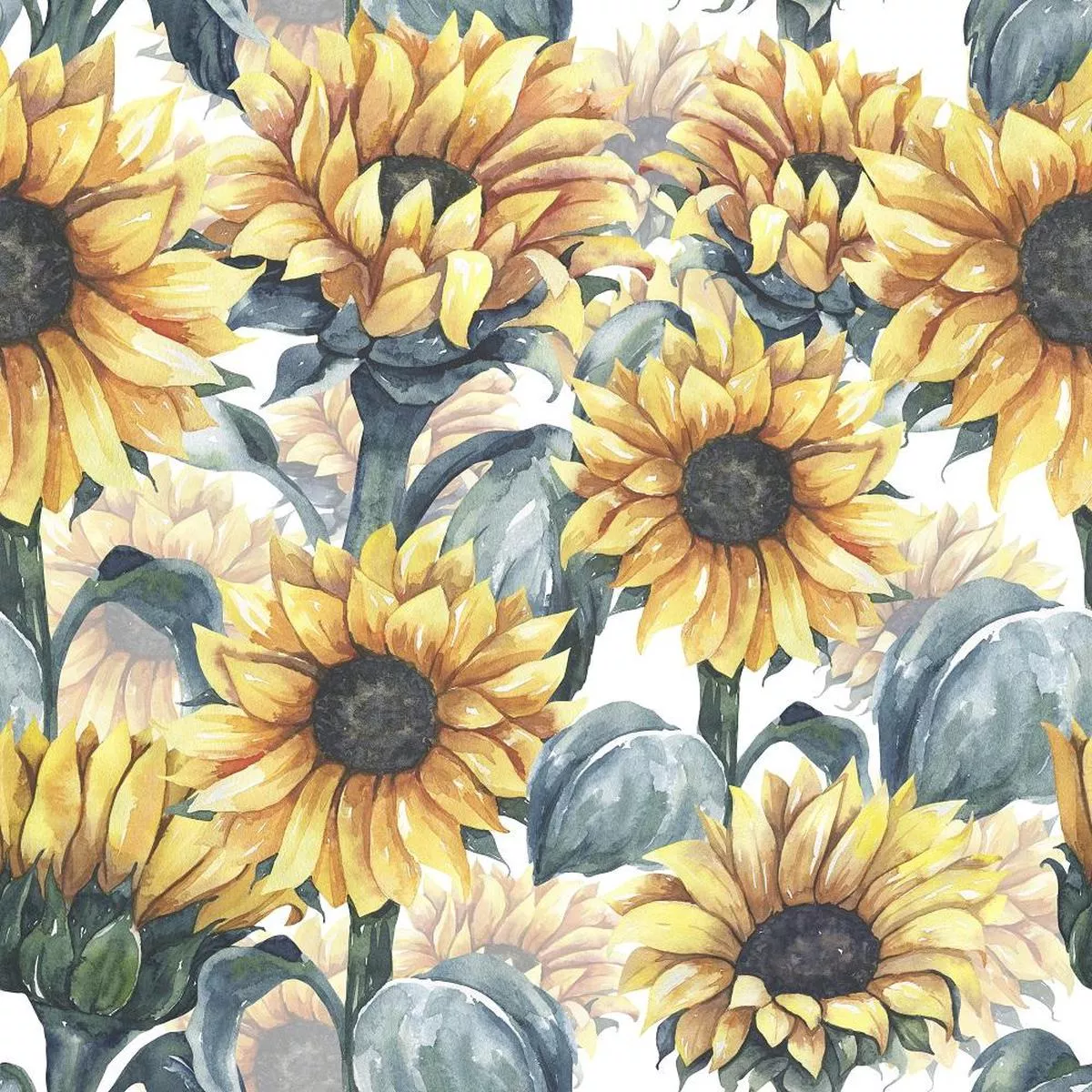watercolor-fully-bloomed-sunflowers-fabric Watercolor Fully Bloomed Sunflowers Fabric