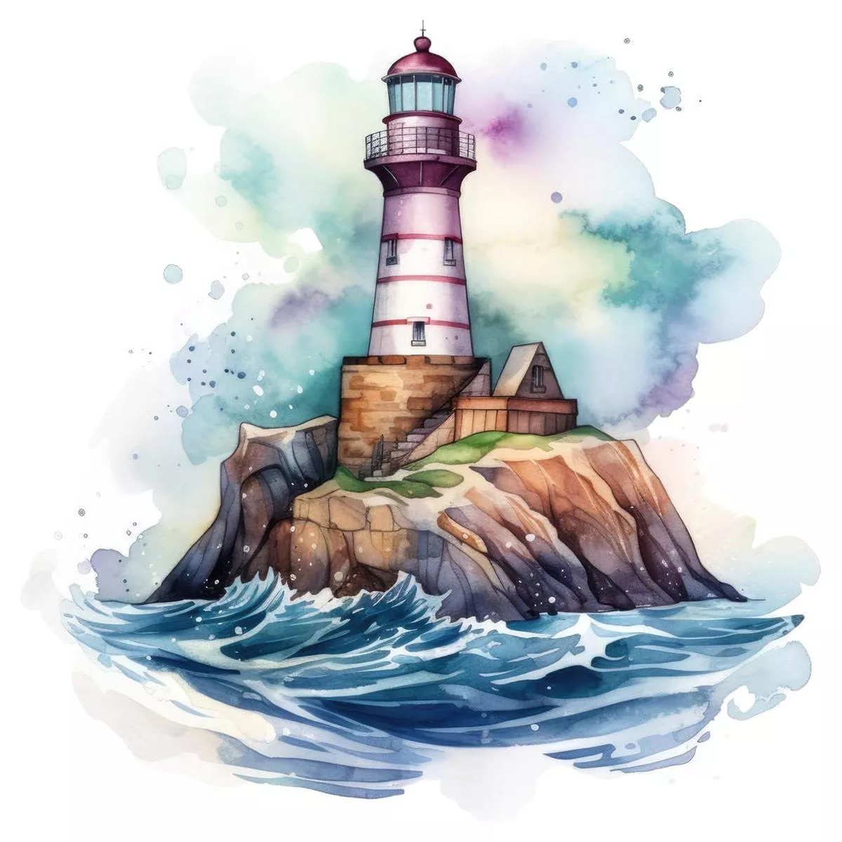 watercolor-lighthouse-scene-2-fabric-panel Watercolor Lighthouse Scene #2 Fabric Panel