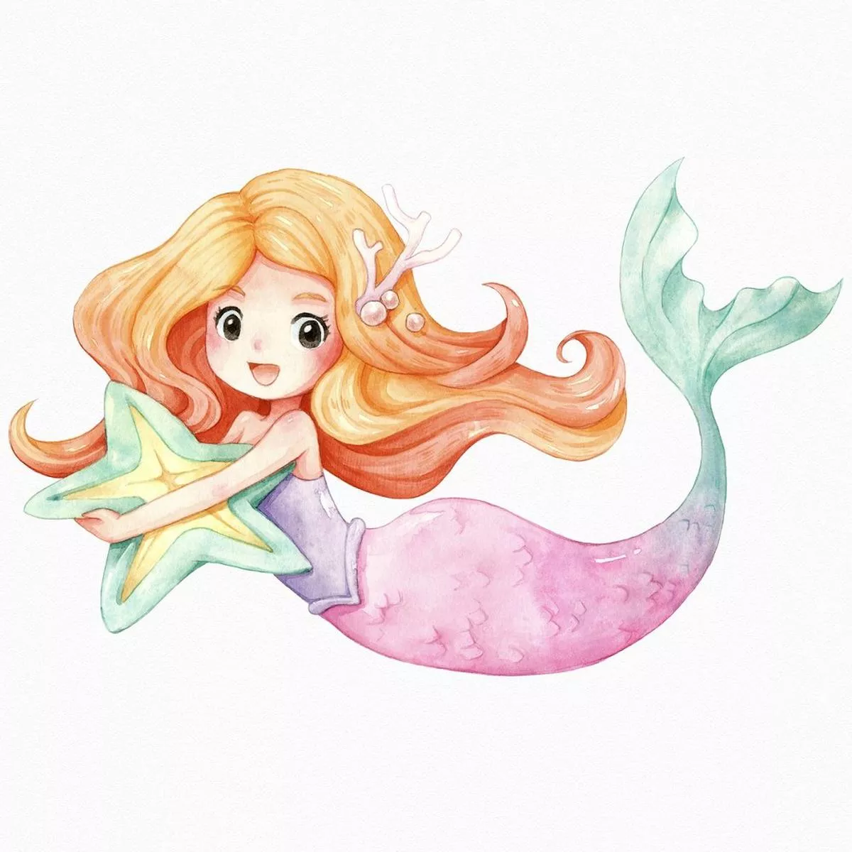 watercolor-mermaid-fabric-panel-white Watercolor Mermaid Fabric Panel – White