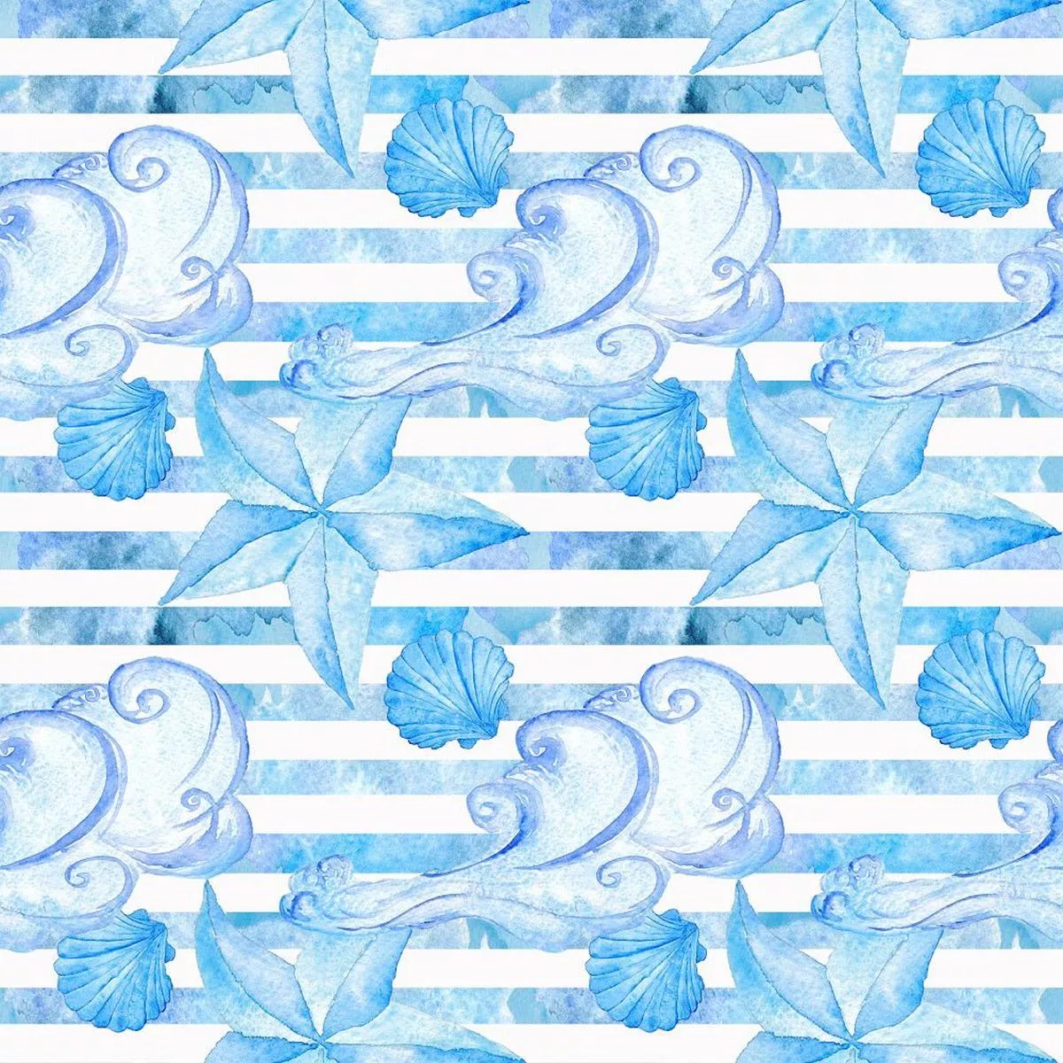 Watercolor Nautical Elements on Stripes Fabric