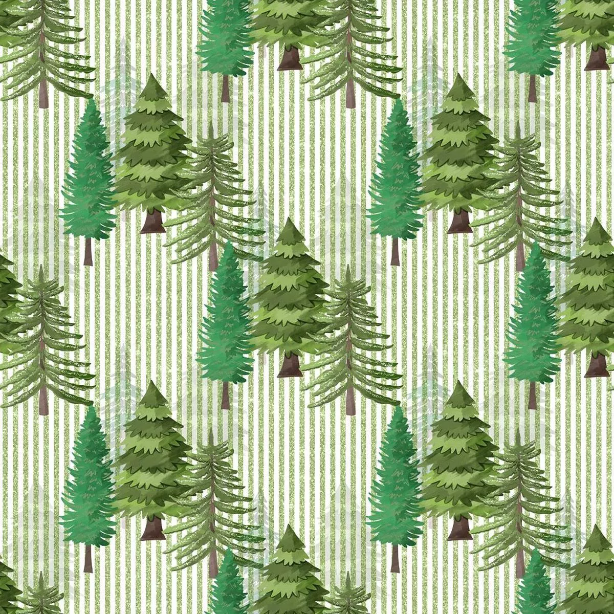 Watercolor Pine Trees on Stripes Fabric – White