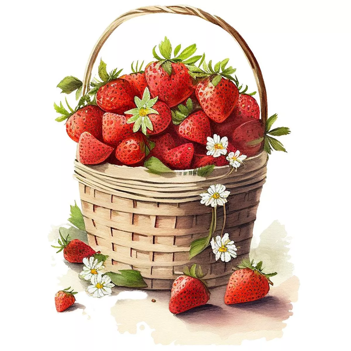 watercolor-strawberries-in-basket-fabric-panel Watercolor Strawberries in Basket Fabric Panel