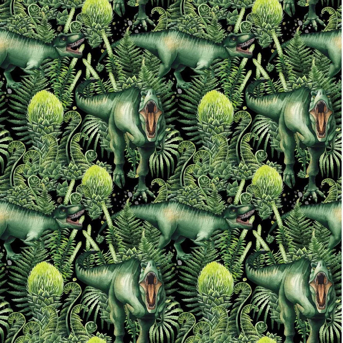 Watercolor T-Rex Fabric – Green/Black