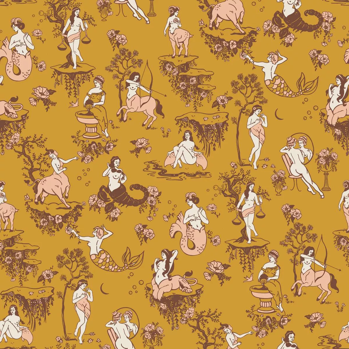 Whiskey Ginger Zodiac Toile Gold Fabric