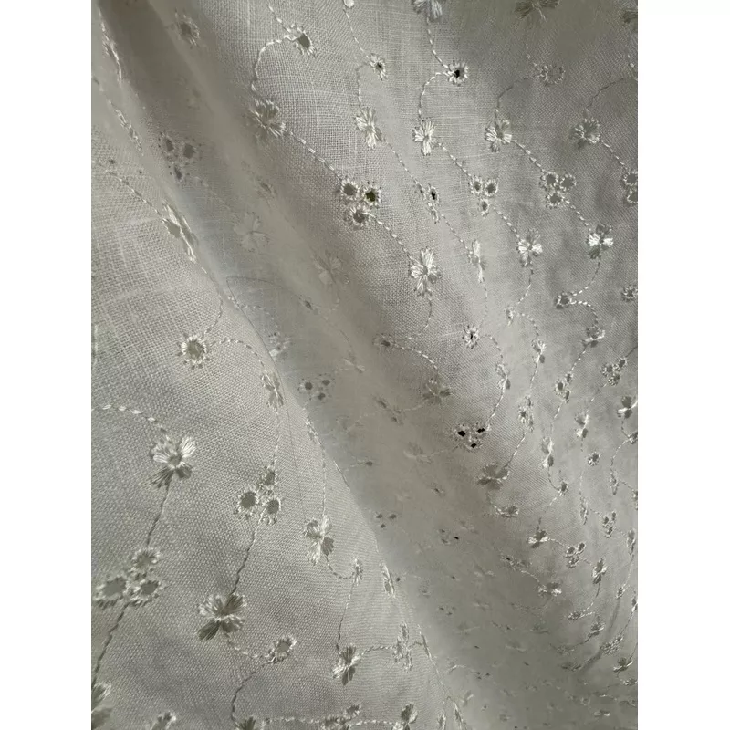 White Embroidered Eyelet 100% Linen Fabric – Medium Weight