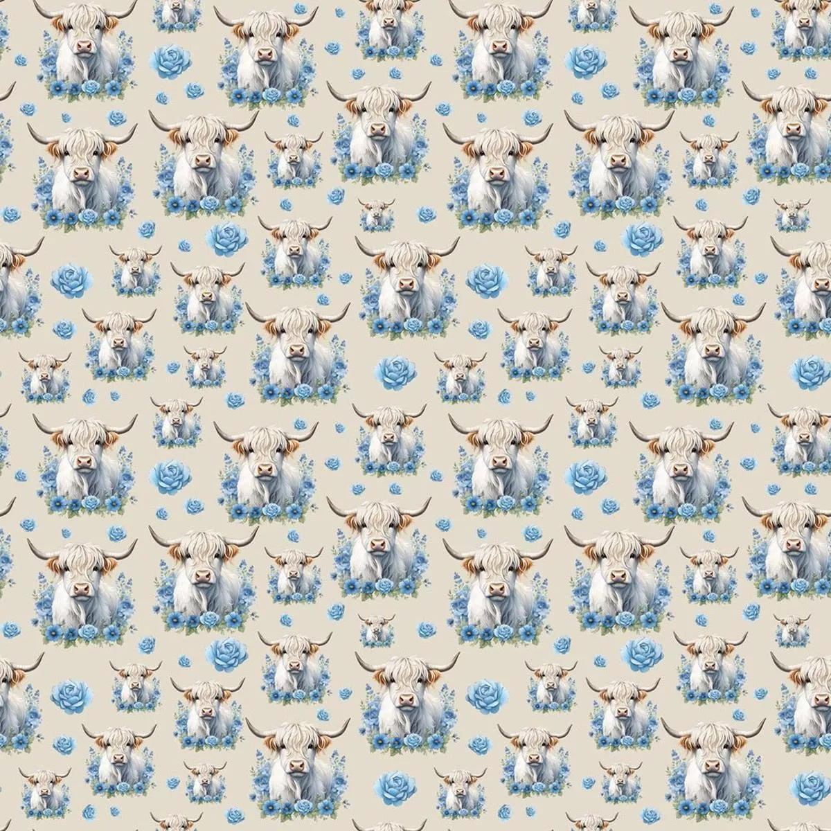 white-highland-cows-blue-flowers-fabric-tan White Highland Cows & Blue Flowers Fabric – Tan