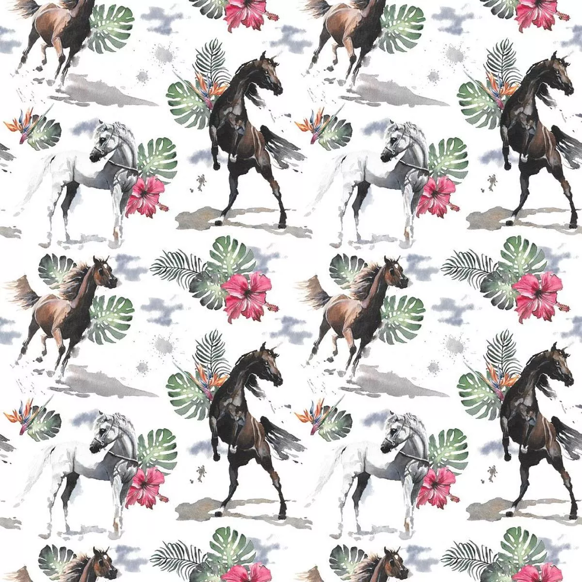 wild-horses-with-exotic-flowers-fabric Wild Horses with Exotic Flowers Fabric