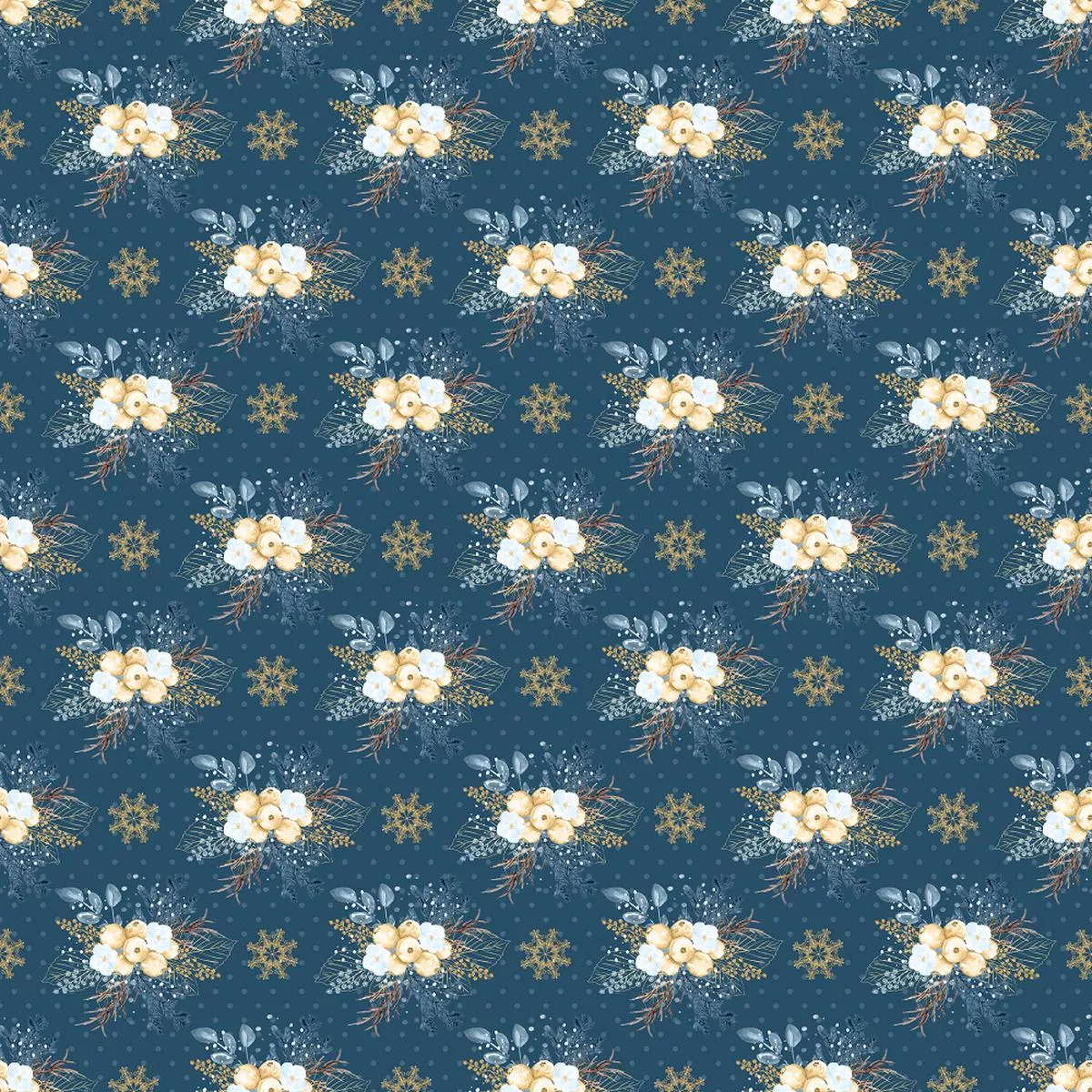 winter-berries-snowflake-fabric-navy Winter Berries & Snowflake Fabric – Navy