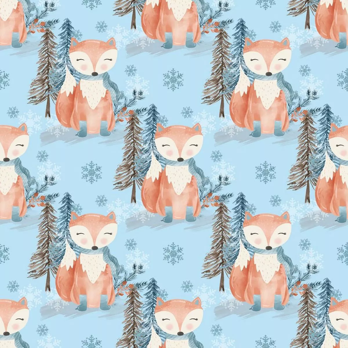 Winter Fox with Snowflakes Fabric – Blue