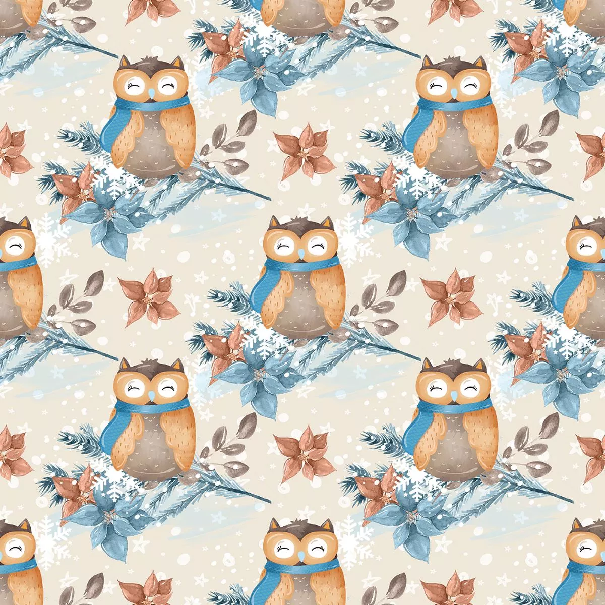 winter-owl-on-branch-fabric-tan Winter Owl on Branch Fabric – Tan