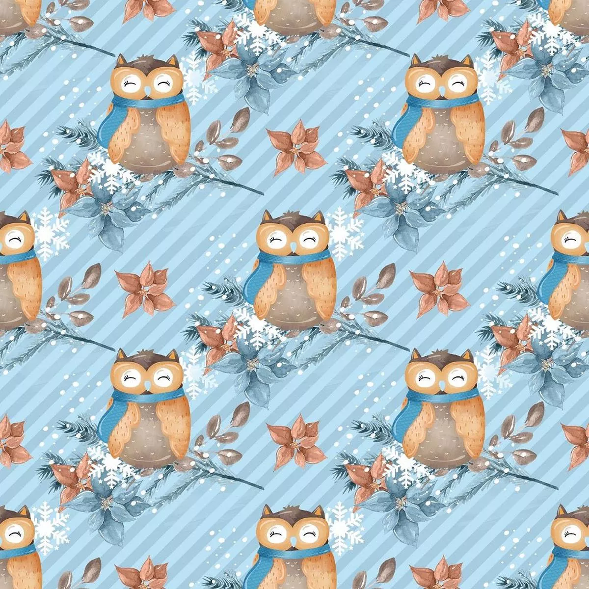winter-owl-on-stripes-fabric-blue Winter Owl on Stripes Fabric – Blue