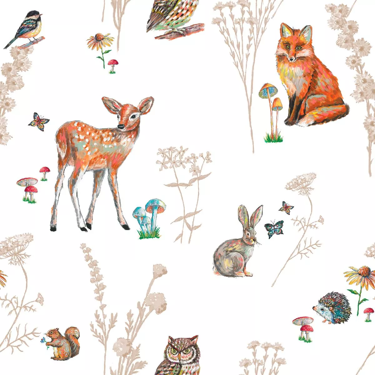 woodland-animals-nature-pattern-fabric Woodland Animals Nature Pattern Fabric