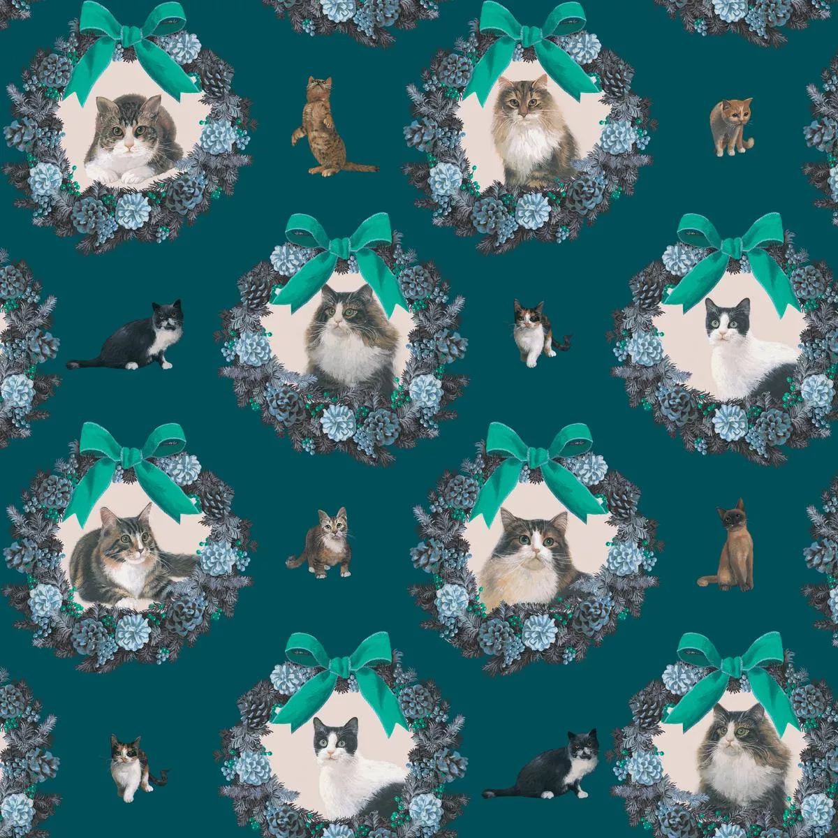 wreath-kitty-on-teal-fabric Wreath Kitty on Teal Fabric