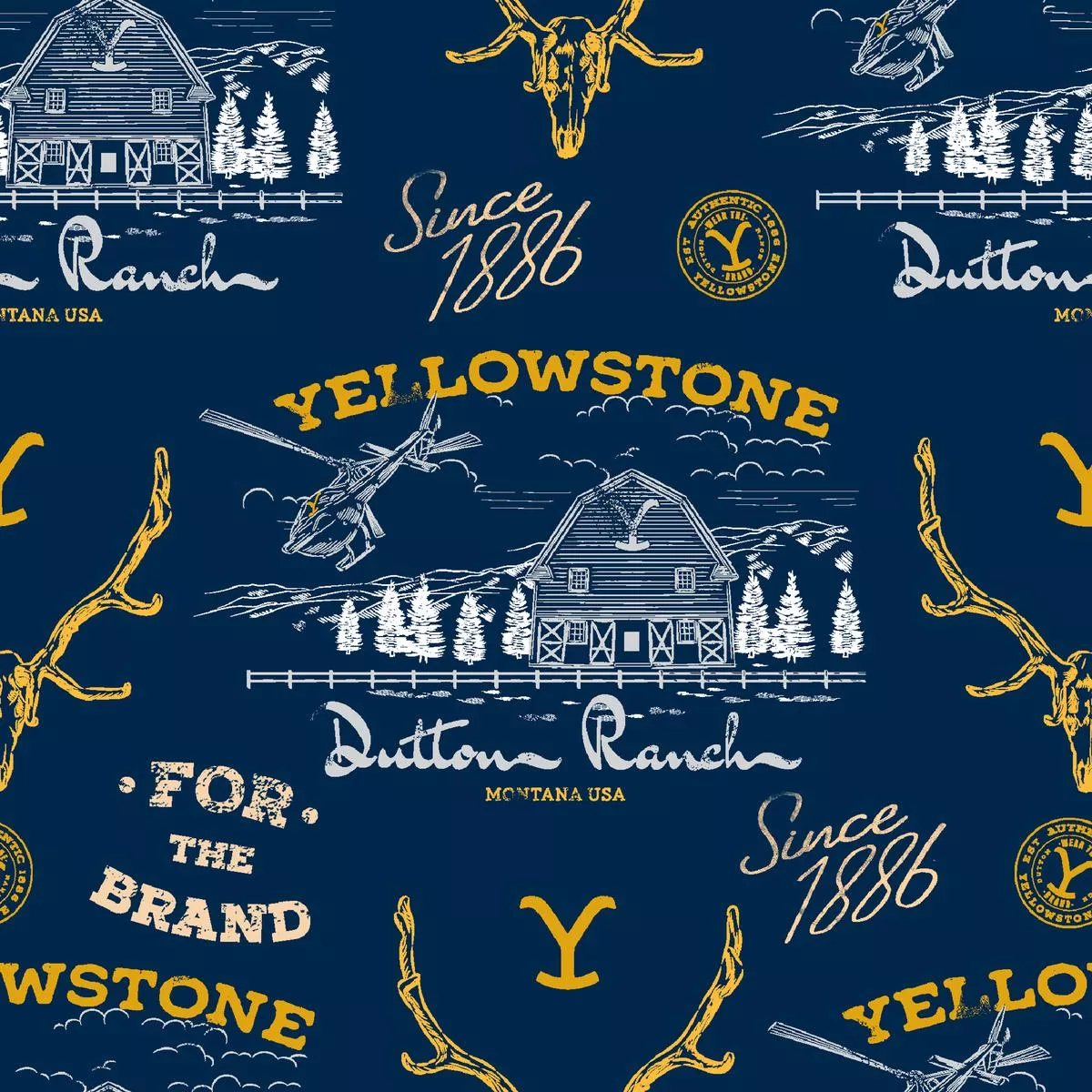 yellowstone-heritage-dutton-ranch-scenic-print-on-navy-fabric Yellowstone Heritage Dutton Ranch Scenic Print on Navy Fabric