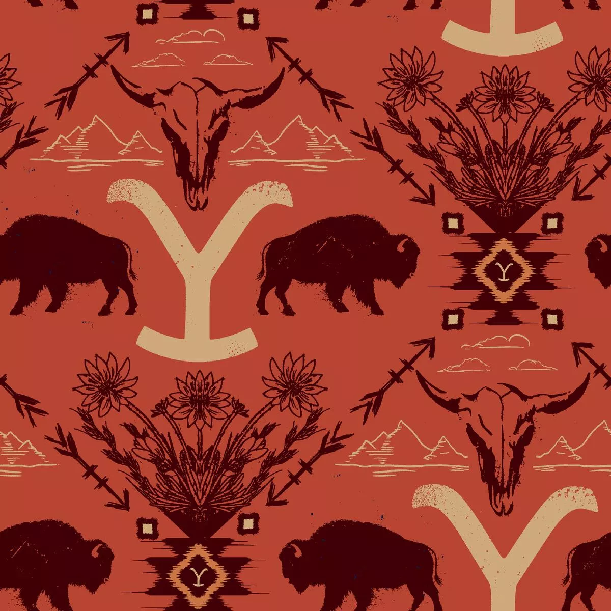 yellowstone-western-buffalo-skulls-fabric Yellowstone Western Buffalo and Skulls Fabric