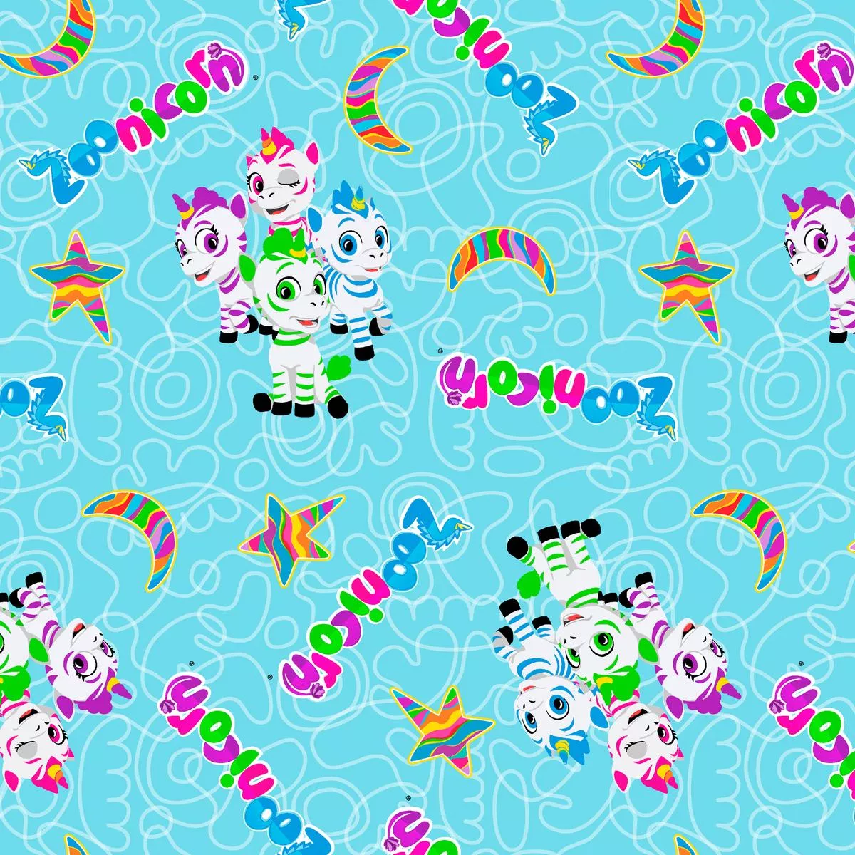 zoonicorn-squiggle-group-characters-on-blue-fabric Zoonicorn Squiggle Group Characters on Blue Fabric