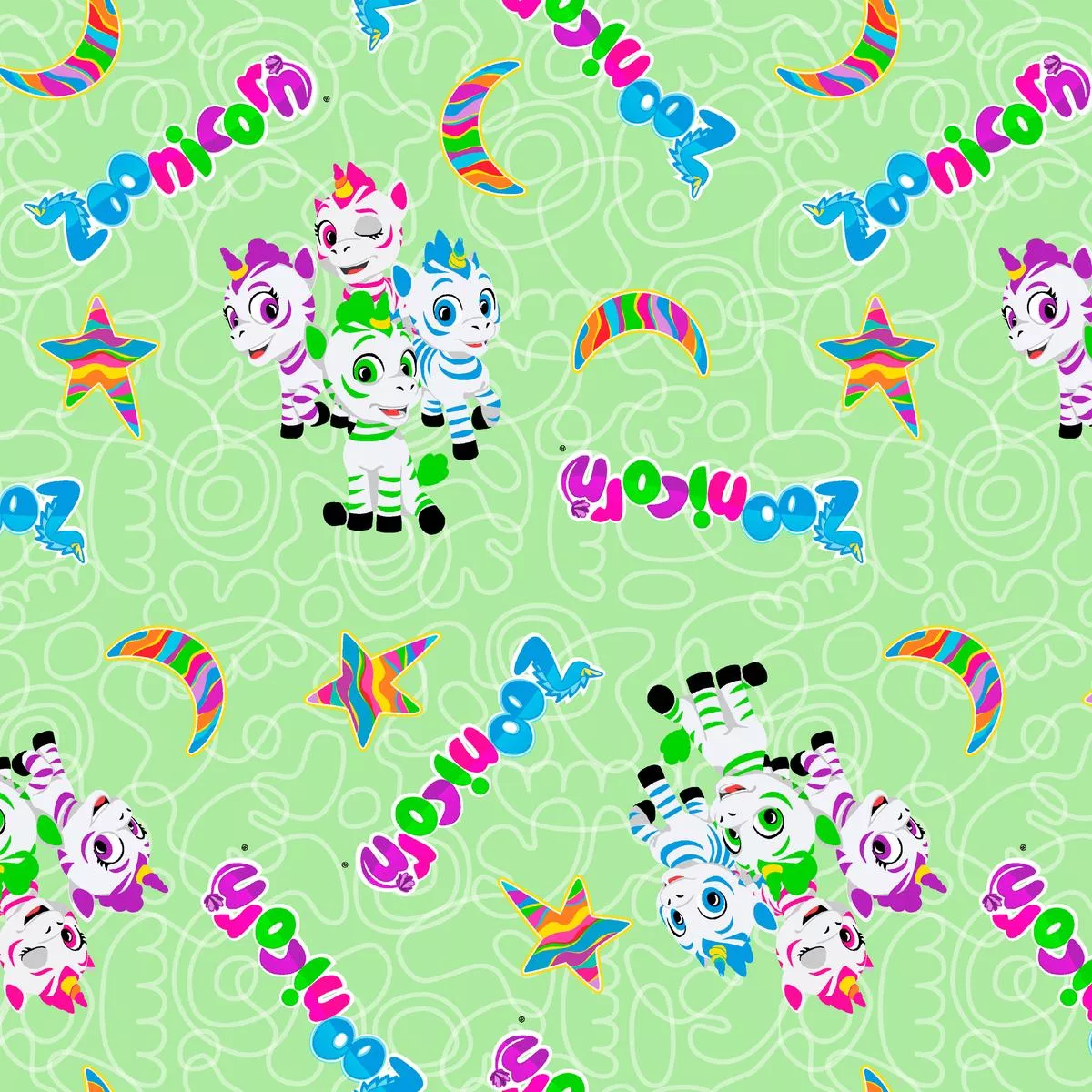 zoonicorn-squiggle-group-characters-on-green-fabric Zoonicorn Squiggle Group Characters on Green Fabric